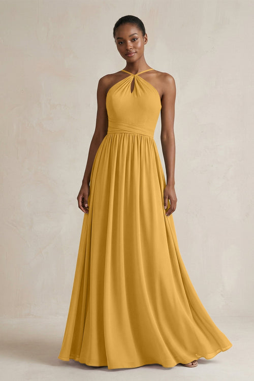 A - Line Halter Chiffon Ruched Bridesmaid Dress in Marigold - SHE IS ME Bridesmaid Dresses