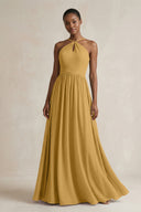 A-Line Halter Chiffon Ruched Bridesmaid Dress in Marigold | KISSBRIDAL