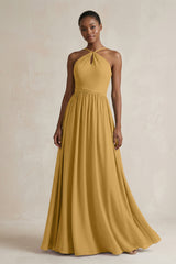 A-Line Halter Chiffon Ruched Bridesmaid Dress in Marigold | KISSBRIDAL
