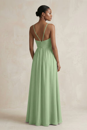 A-Line Halter Chiffon Ruched Bridesmaid Dress in Matcha (2) | KISSBRIDAL