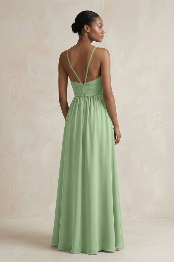 A-Line Halter Chiffon Ruched Bridesmaid Dress in Matcha (2) | KISSBRIDAL