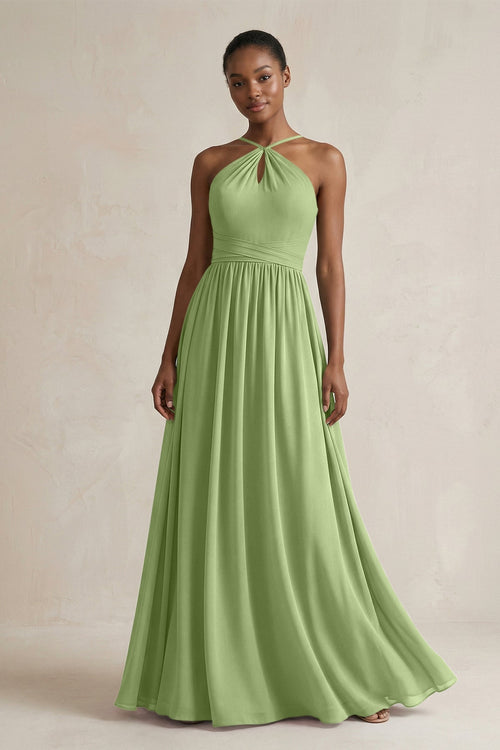 A - Line Halter Chiffon Ruched Bridesmaid Dress in Matcha - SHE IS ME Bridesmaid Dresses