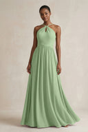 A-Line Halter Chiffon Ruched Bridesmaid Dress in Matcha | KISSBRIDAL