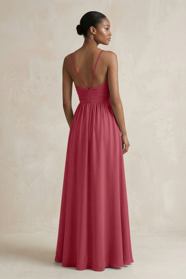A-Line Halter Chiffon Ruched Bridesmaid Dress in Merlot (2) | KISSBRIDAL