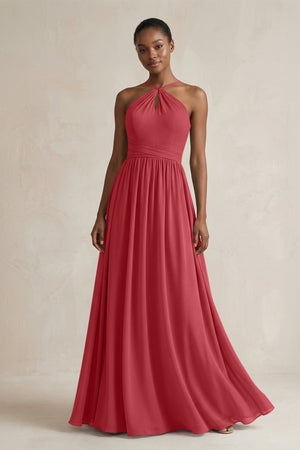 A - Line Halter Chiffon Ruched Bridesmaid Dress in Merlot - SHE IS ME Bridesmaid Dresses