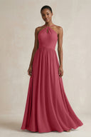 A-Line Halter Chiffon Ruched Bridesmaid Dress in Merlot | KISSBRIDAL