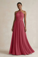 A-Line Halter Chiffon Ruched Bridesmaid Dress in Merlot | KISSBRIDAL