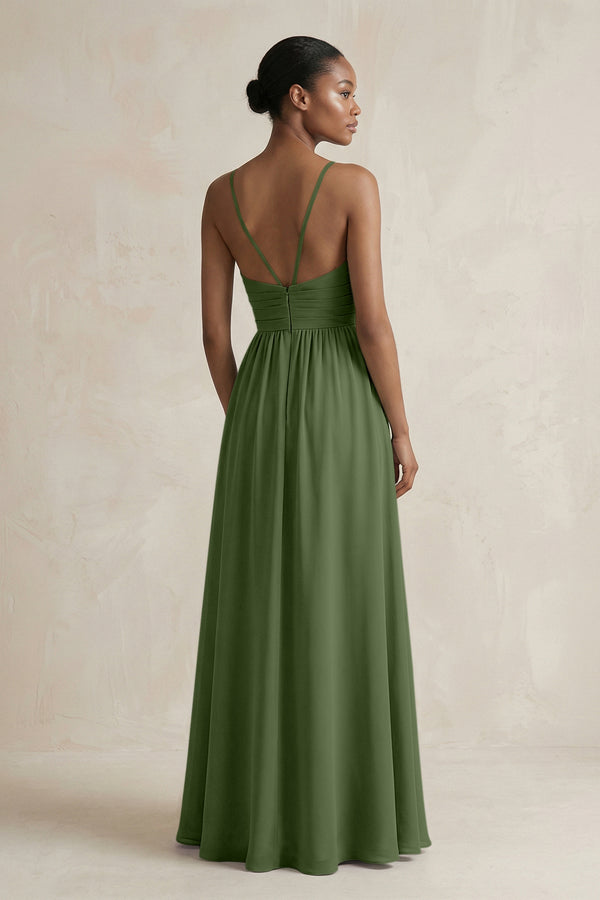 A-Line Halter Chiffon Ruched Bridesmaid Dress in Moss (2) | KISSBRIDAL