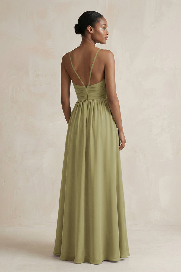 A-Line Halter Chiffon Ruched Bridesmaid Dress in Moss Green (2) | KISSBRIDAL