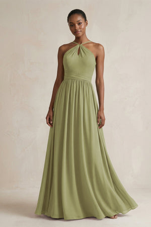 A - Line Halter Chiffon Ruched Bridesmaid Dress in Moss Green - SHE IS ME Bridesmaid Dresses
