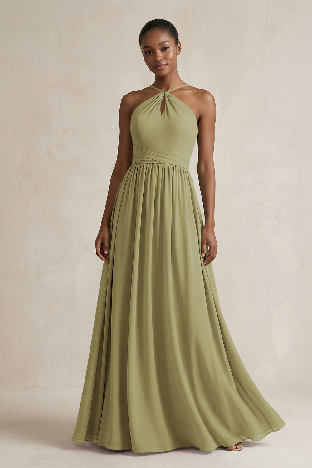 A-Line Halter Chiffon Ruched Bridesmaid Dress in Moss Green
