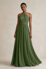 A-Line Halter Chiffon Ruched Bridesmaid Dress in Moss | KISSBRIDAL