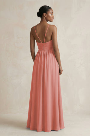 A-Line Halter Chiffon Ruched Bridesmaid Dress in Mulberry (2) | KISSBRIDAL