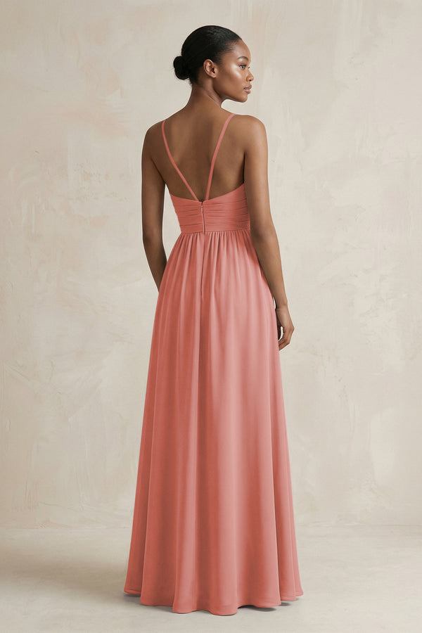 A-Line Halter Chiffon Ruched Bridesmaid Dress in Mulberry (2) | KISSBRIDAL