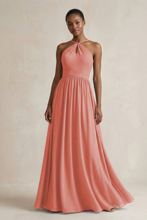 A - Line Halter Chiffon Ruched Bridesmaid Dress in Mulberry - SHE IS ME Bridesmaid Dresses
