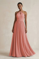 A-Line Halter Chiffon Ruched Bridesmaid Dress in Mulberry | KISSBRIDAL