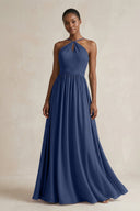 A - Line Halter Chiffon Ruched Bridesmaid Dress in Navy - SHE IS ME Bridesmaid Dresses
