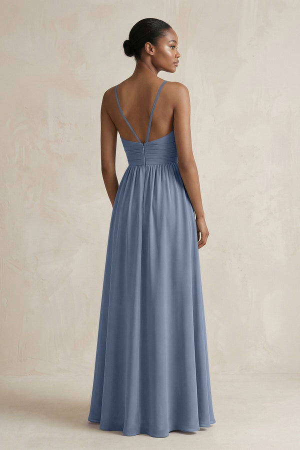 A - Line Halter Chiffon Ruched Bridesmaid Dress in Neptune - SHE IS ME Bridesmaid Dresses