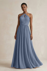 A - Line Halter Chiffon Ruched Bridesmaid Dress in Neptune - KISS BRIDAL Bridesmaid Dresses