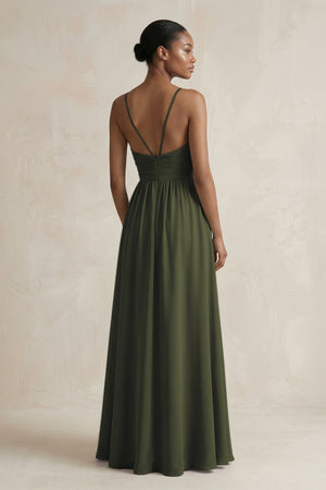 A-Line Halter Chiffon Ruched Bridesmaid Dress in Olive (2) | KISSBRIDAL