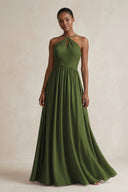A - Line Halter Chiffon Ruched Bridesmaid Dress in Olive - SHE IS ME Bridesmaid Dresses