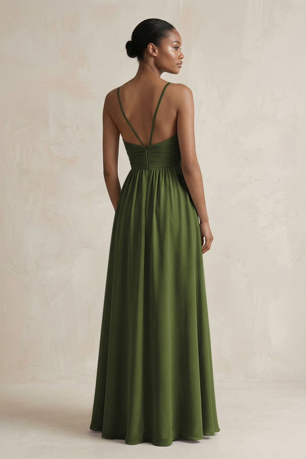 A - Line Halter Chiffon Ruched Bridesmaid Dress in Olive - KISS BRIDAL Bridesmaid Dresses