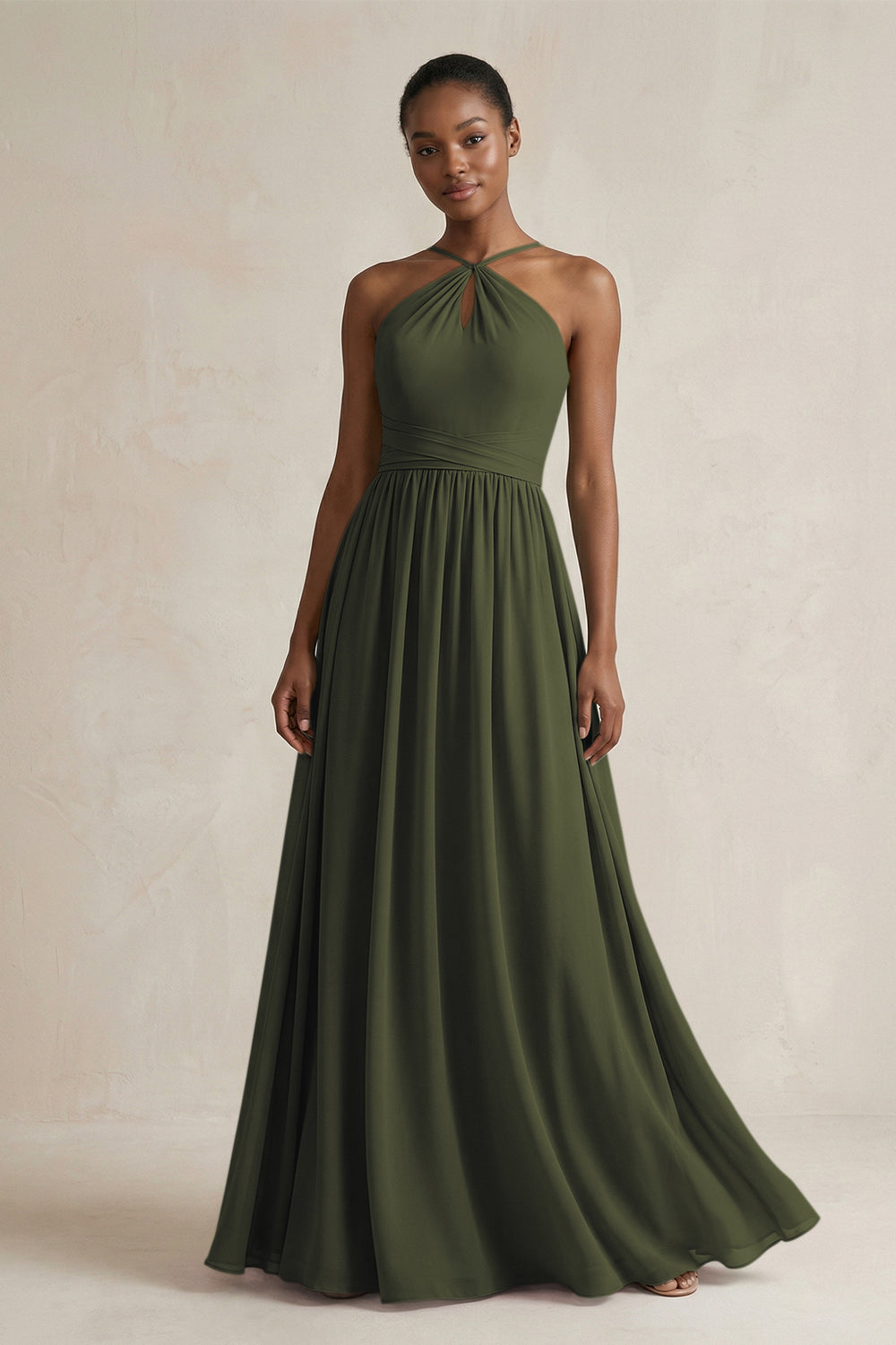A-Line Halter Chiffon Ruched Bridesmaid Dress in Olive