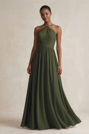 A-Line Halter Chiffon Ruched Bridesmaid Dress in Olive | KISSBRIDAL