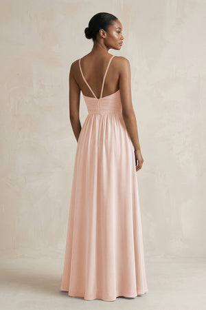 A - Line Halter Chiffon Ruched Bridesmaid Dress in Pale Blush - SHE IS ME Bridesmaid Dresses
