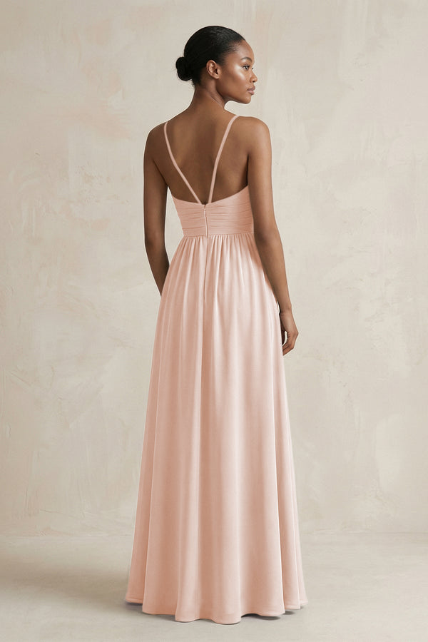 A - Line Halter Chiffon Ruched Bridesmaid Dress in Pale Blush - SHE IS ME Bridesmaid Dresses