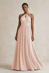 A - Line Halter Chiffon Ruched Bridesmaid Dress in Pale Blush - KISS BRIDAL Bridesmaid Dresses