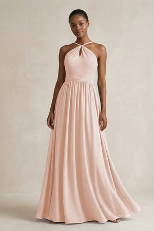 A - Line Halter Chiffon Ruched Bridesmaid Dress in Pale Blush - SHE IS ME Bridesmaid Dresses