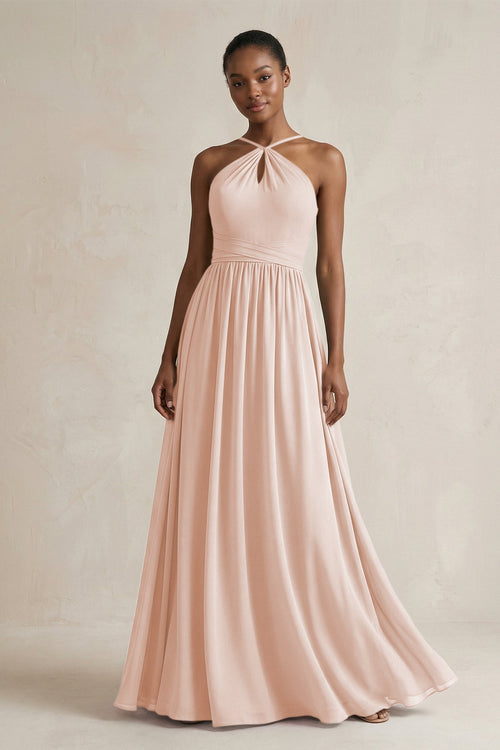 A - Line Halter Chiffon Ruched Bridesmaid Dress in Pale Blush - SHE IS ME Bridesmaid Dresses