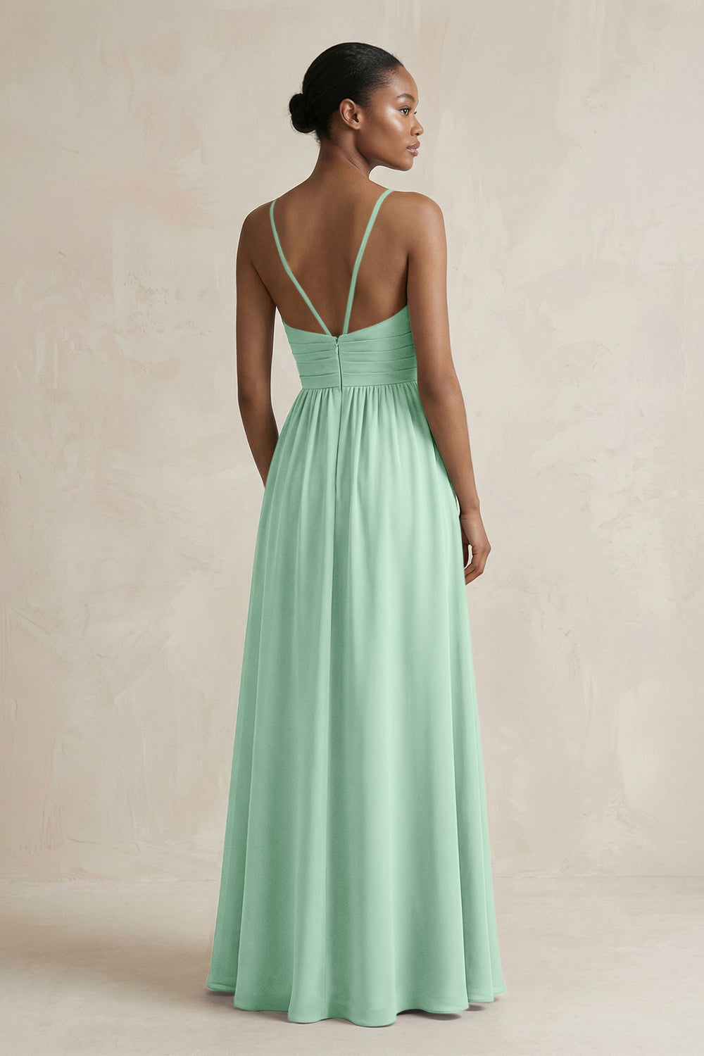 A-Line Halter Chiffon Ruched Bridesmaid Dress in Pale Pistachio