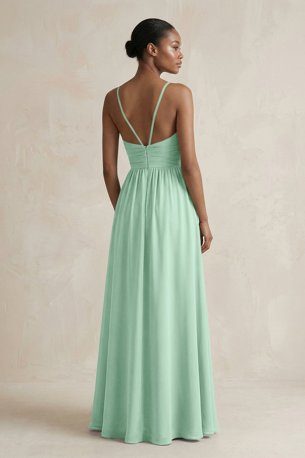A-Line Halter Chiffon Ruched Bridesmaid Dress in Pale Pistachio (2) | KISSBRIDAL