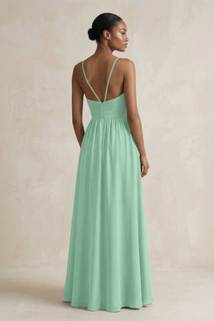 A - Line Halter Chiffon Ruched Bridesmaid Dress in Pale Pistachio - SHE IS ME Bridesmaid Dresses
