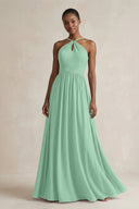 A - Line Halter Chiffon Ruched Bridesmaid Dress in Pale Pistachio - SHE IS ME Bridesmaid Dresses