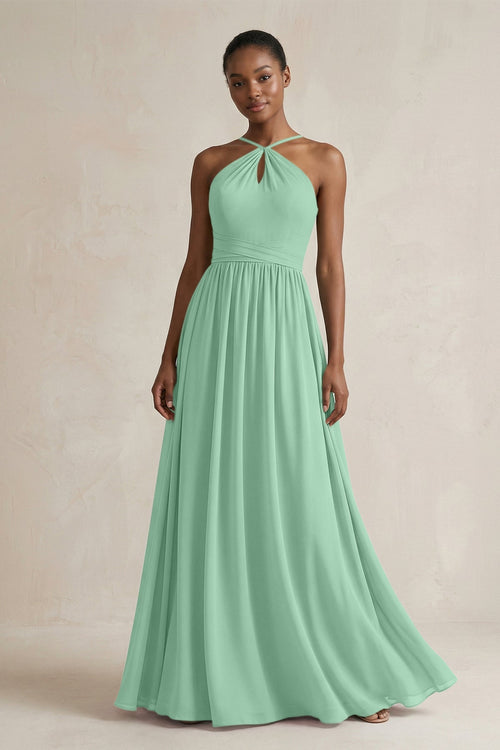 A - Line Halter Chiffon Ruched Bridesmaid Dress in Pale Pistachio - SHE IS ME Bridesmaid Dresses