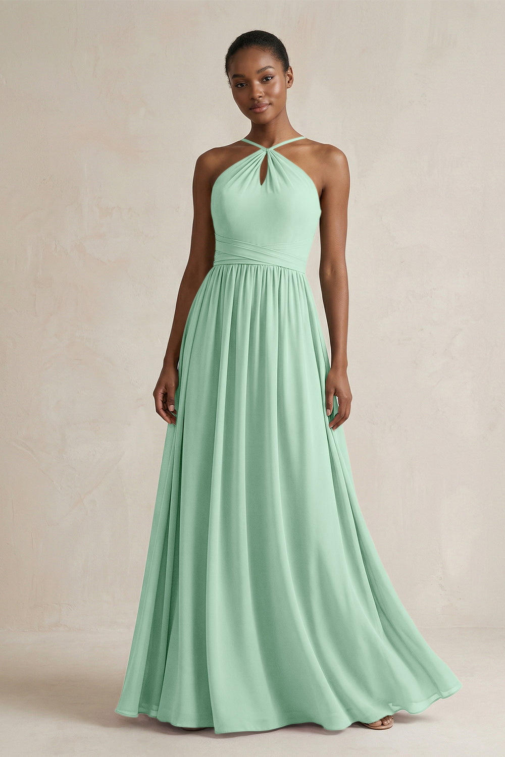 A-Line Halter Chiffon Ruched Bridesmaid Dress in Pale Pistachio