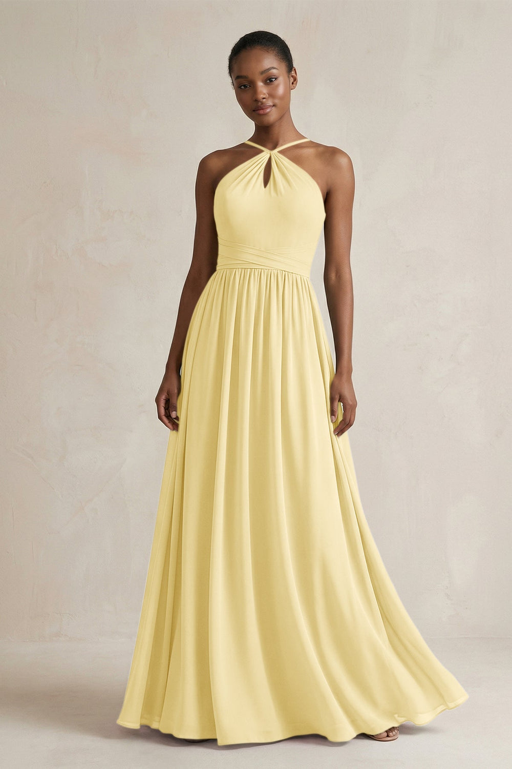 A - Line Halter Chiffon Ruched Bridesmaid Dress in Pastel Yellow - KISS BRIDAL Bridesmaid Dresses