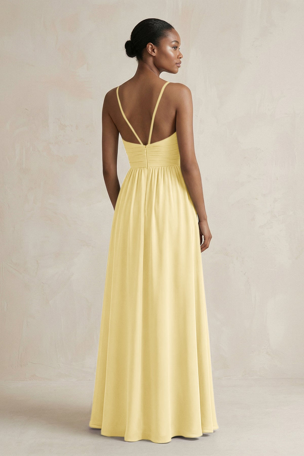 A - Line Halter Chiffon Ruched Bridesmaid Dress in Pastel Yellow - KISS BRIDAL Bridesmaid Dresses