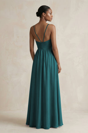 A - Line Halter Chiffon Ruched Bridesmaid Dress in Pine - SHE IS ME Bridesmaid Dresses
