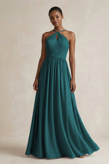 A - Line Halter Chiffon Ruched Bridesmaid Dress in Pine - KISS BRIDAL Bridesmaid Dresses