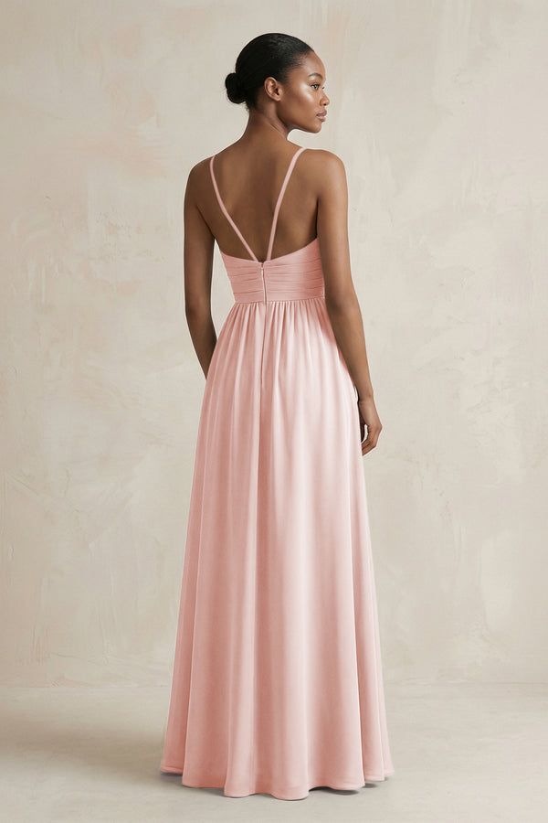 A-Line Halter Chiffon Ruched Bridesmaid Dress in Rose Petal (2) | KISSBRIDAL
