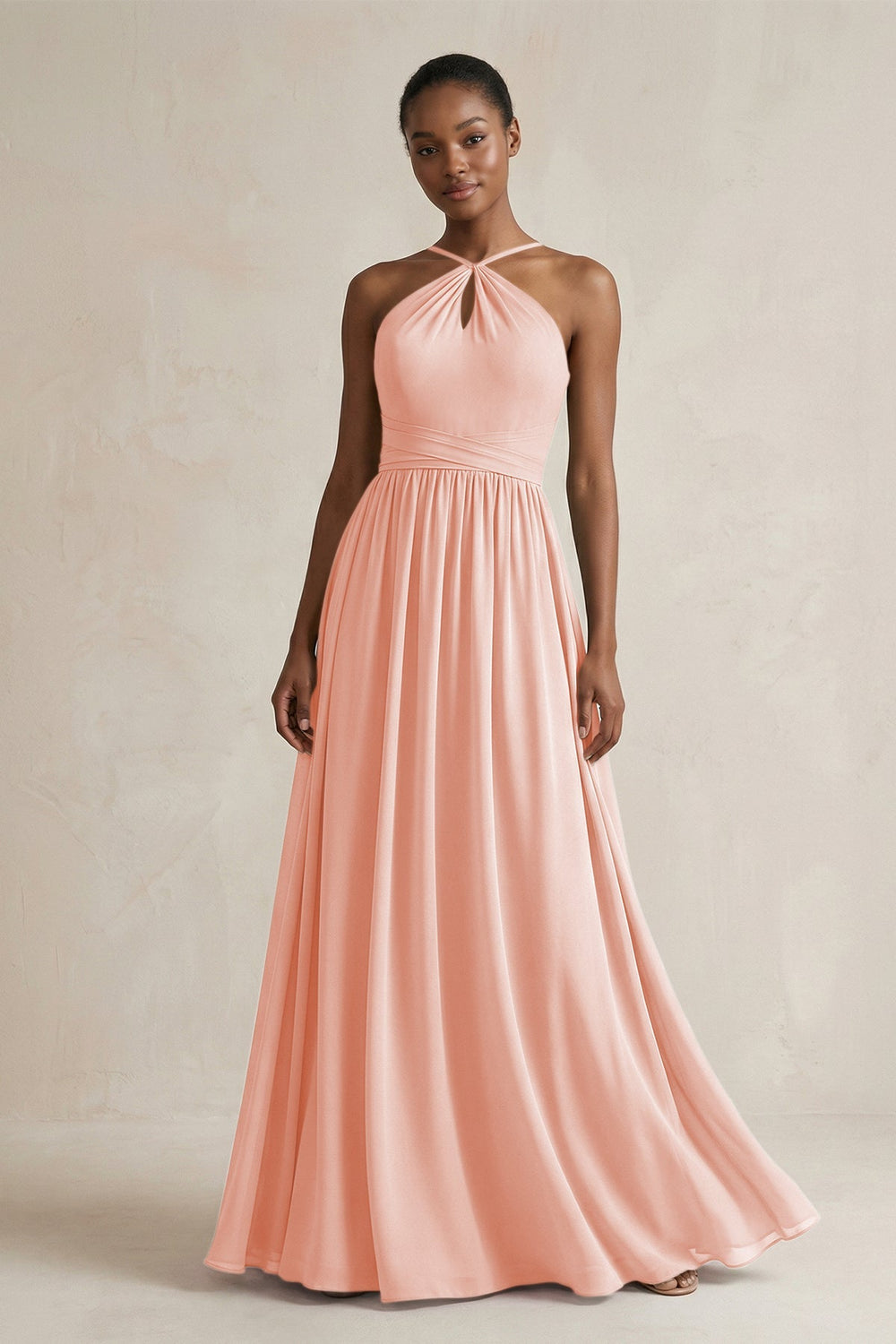 A - Line Halter Chiffon Ruched Bridesmaid Dress in Rose Petal - KISS BRIDAL Bridesmaid Dresses