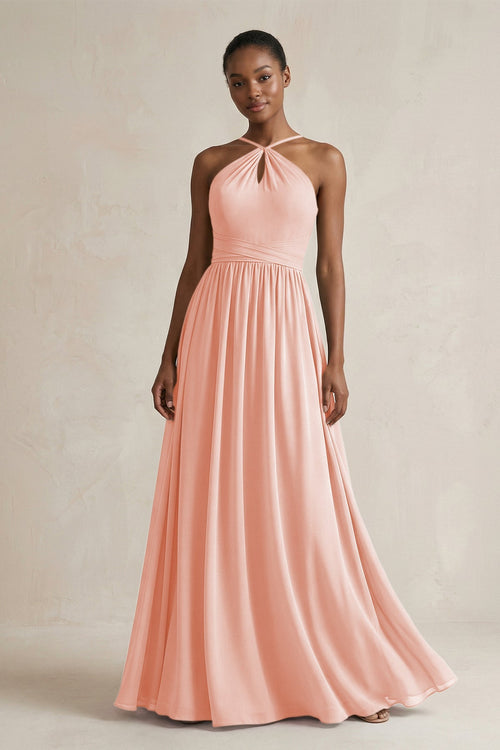 A - Line Halter Chiffon Ruched Bridesmaid Dress in Rose Petal - SHE IS ME Bridesmaid Dresses