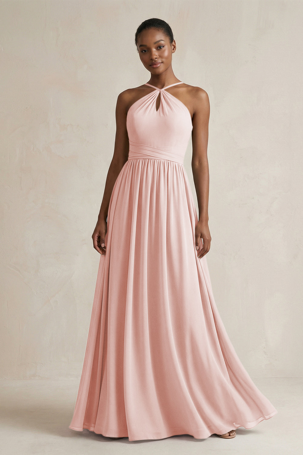 A-Line Halter Chiffon Ruched Bridesmaid Dress in Rose Petal