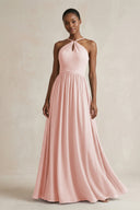 A-Line Halter Chiffon Ruched Bridesmaid Dress in Rose Petal | KISSBRIDAL