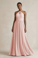 A-Line Halter Chiffon Ruched Bridesmaid Dress in Rose Petal | KISSBRIDAL
