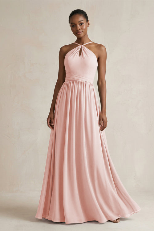 A-Line Halter Chiffon Ruched Bridesmaid Dress in Rose Petal | KISSBRIDAL